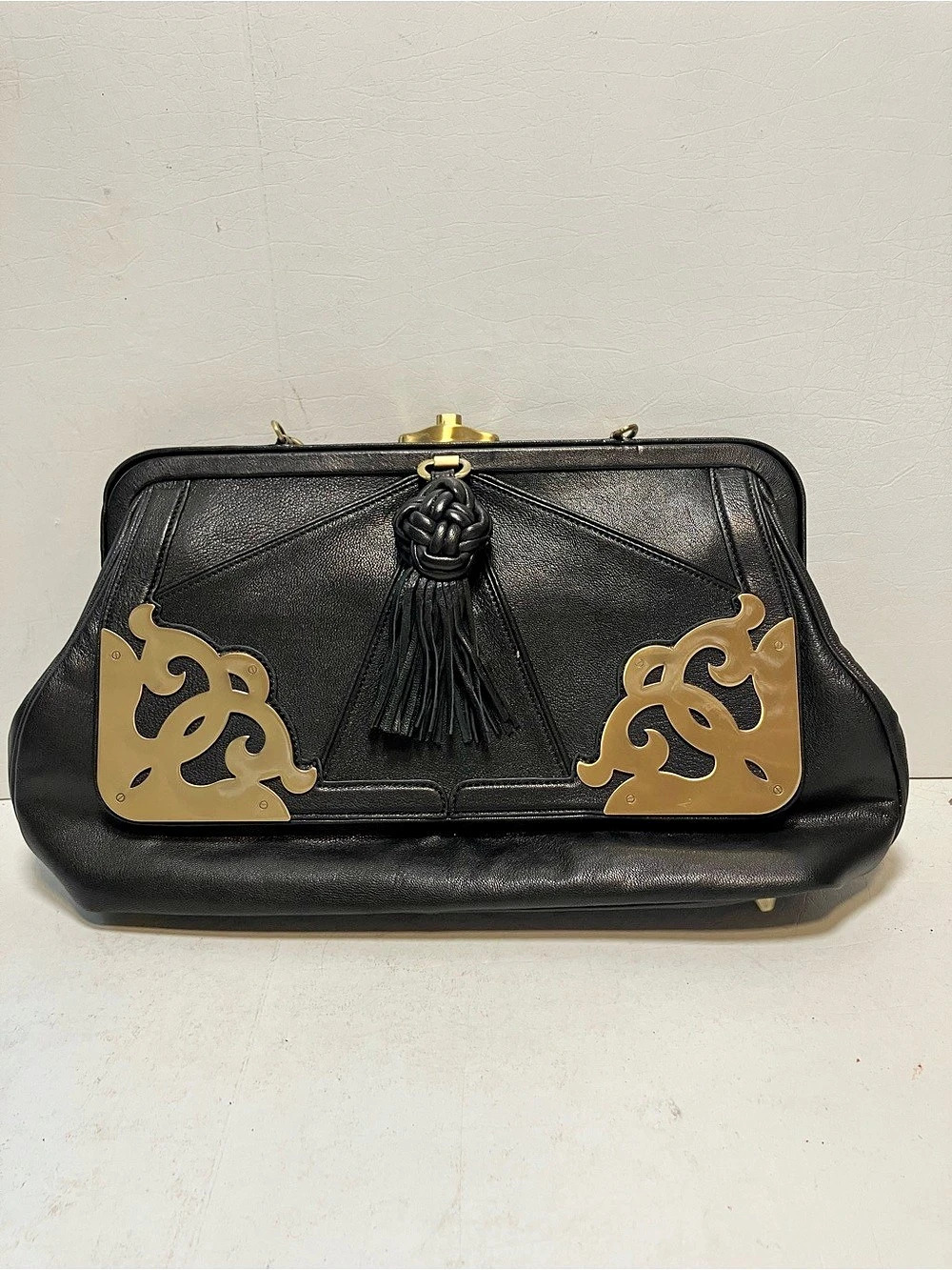 Vintage Shanghai Tang Black Leather Frame
Handbag Gold Hardware Tassel